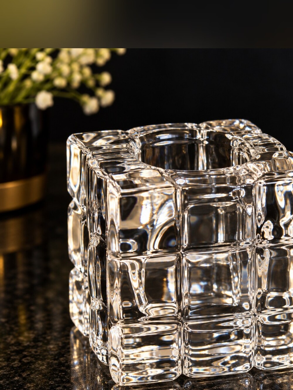 Fifth Avenue Crystal Block Glass Votive Candle Holders Set of 4 Geometric Decor